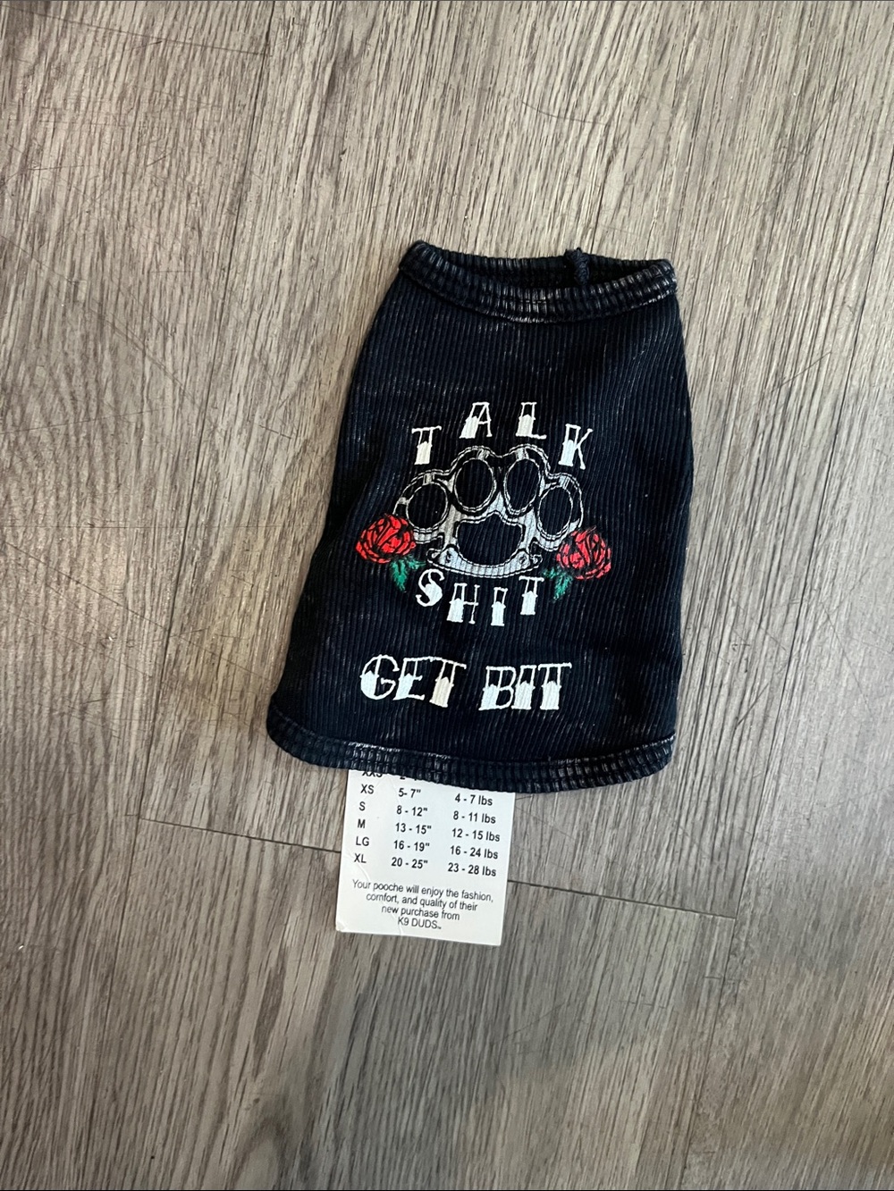 K9 duds Black 'Talk Shit Get Bit' dog Shirt with Red Rose Detail